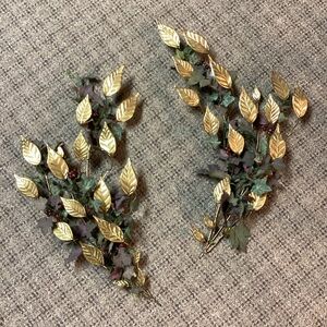 2 Gold Leaf Decorative Wall Decor Sprays with Artificial Ivy Berry Greenery